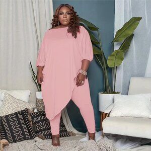 Plus Size Off-Shoulder 2PC Set | Asymmetrical Top + Stretch Pants (1X–5X)